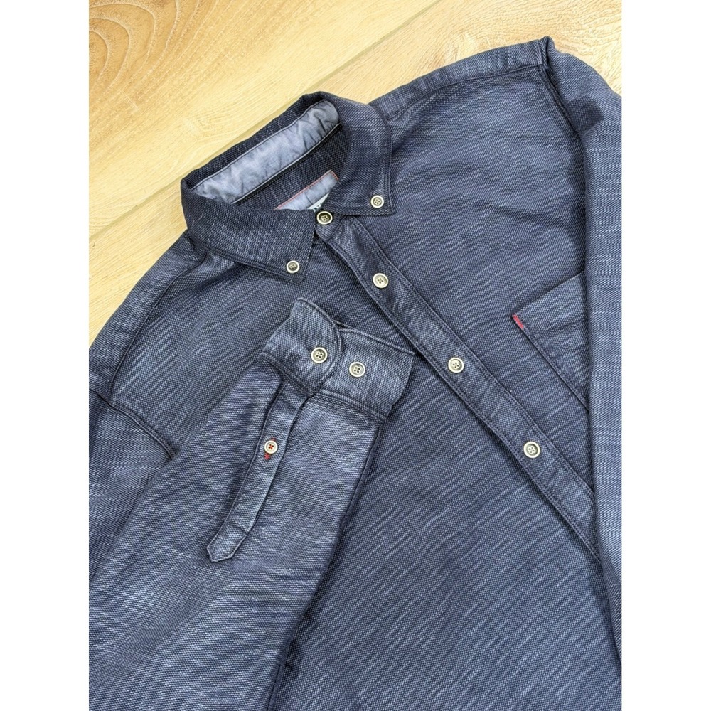 32 Bar Blues Mens M Navy Blue Textured Tencel Cotton Button Down Shirt LS